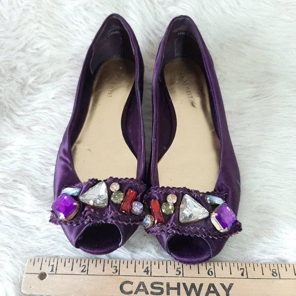 Nine West Women's Purple Satin Artificial Gem Stones Peek Toe Flats 8 1/2M - Picture 2 of 6